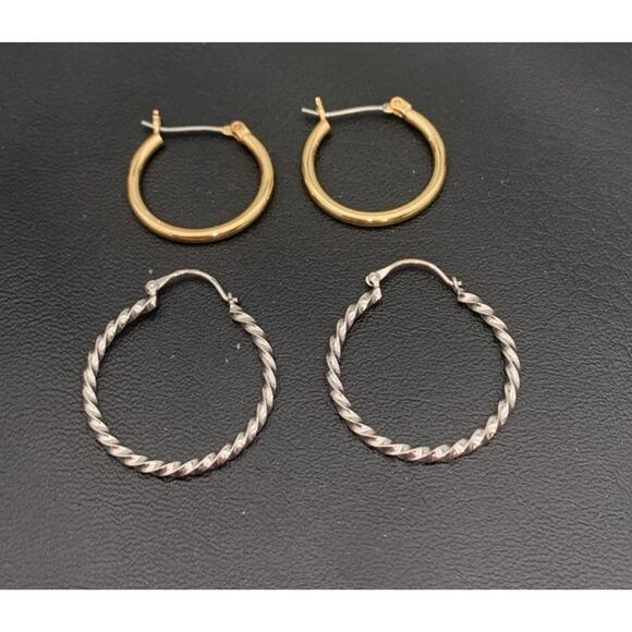 Lot Of 2 Pair Of Simple Dainty Gold & Silver Tone Hoop Earrings - Picture 1 of 3